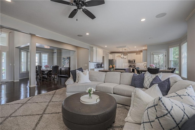 23856 W 124th Ct, Olathe, KS 66061 - living area with crown molding, wood finished floors, recessed lighting, and ceiling fan