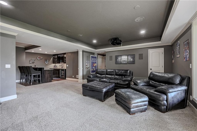 23856 W 124th Ct, Olathe, KS 66061 - home theater with carpet, bar area, a tray ceiling, ornate columns, and recessed lighting