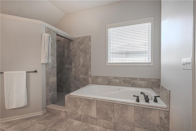 23856 W 124th Ct, Olathe, KS 66061 - bathroom featuring a bath, a walk in shower, and lofted ceiling