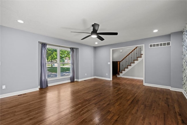12001 S Hagan St, Olathe, KS 66062 - empty room featuring ceiling fan, stairway, wood finished floors, baseboards, and recessed lighting