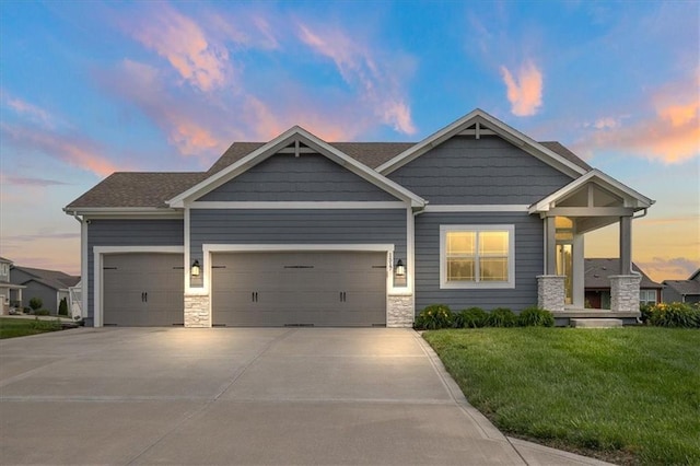 1517 SW Arbor Creek Dr, Lees Summit, MO 64082 - craftsman inspired home featuring a garage, a yard, driveway, and stone siding