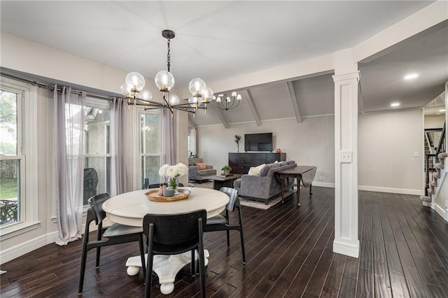 2204 W 123rd Ter, Leawood, KS 66209 - dining room featuring dark wood finished floors, baseboards, ornate columns, stairway, and a chandelier