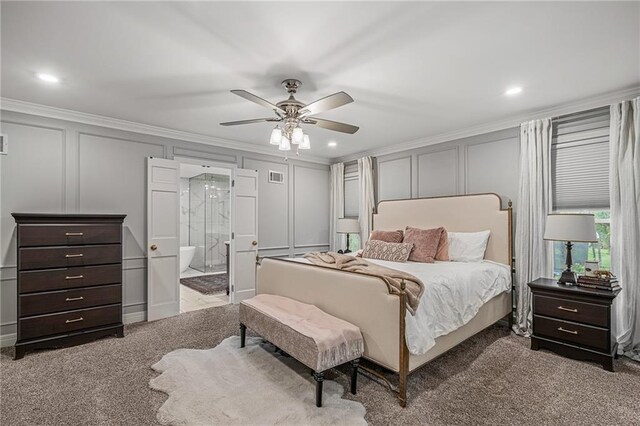 2204 W 123rd Ter, Leawood, KS 66209 - carpeted bedroom with a decorative wall, crown molding, ensuite bath, recessed lighting, and ceiling fan