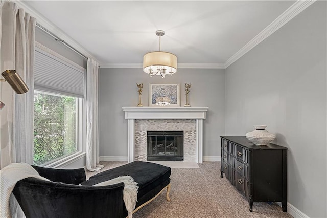2204 W 123rd Ter, Leawood, KS 66209 - carpeted living area featuring ornamental molding, a tile fireplace, and baseboards
