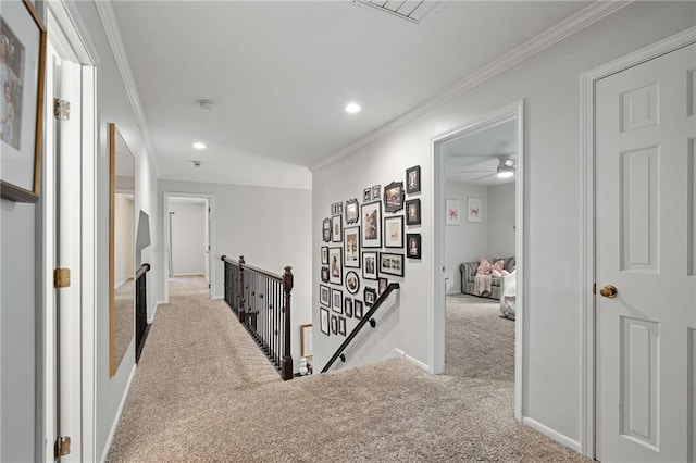 2204 W 123rd Ter, Leawood, KS 66209 - hallway featuring an upstairs landing, carpet, ornamental molding, recessed lighting, and baseboards