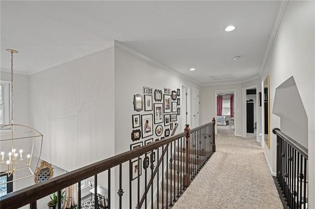 2204 W 123rd Ter, Leawood, KS 66209 - hall featuring an upstairs landing, light carpet, ornamental molding, recessed lighting, and a chandelier