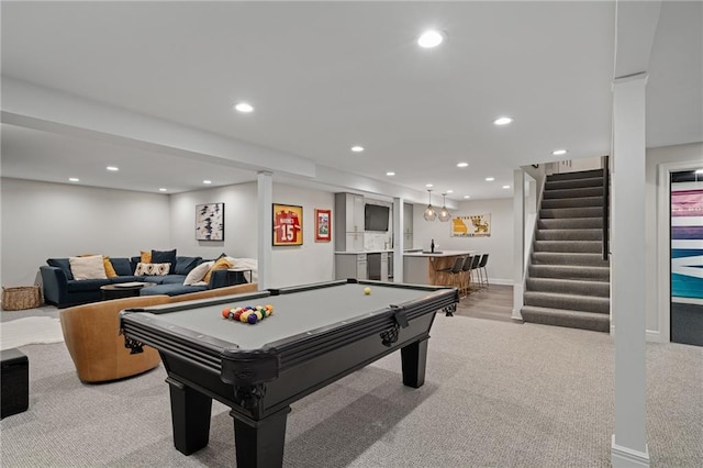 2204 W 123rd Ter, Leawood, KS 66209 - game room with wet bar, light carpet, recessed lighting, and pool table