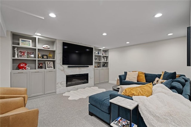 2204 W 123rd Ter, Leawood, KS 66209 - carpeted living area featuring built in features, a fireplace, recessed lighting, and baseboards