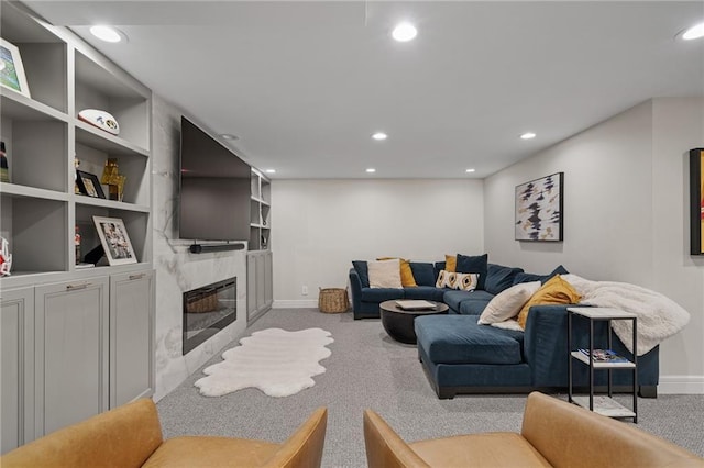 2204 W 123rd Ter, Leawood, KS 66209 - carpeted living area with baseboards, recessed lighting, a fireplace, and built in features