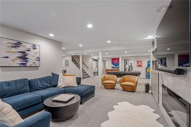 2204 W 123rd Ter, Leawood, KS 66209 - living room with stairs, carpet flooring, pool table, recessed lighting, and a fireplace