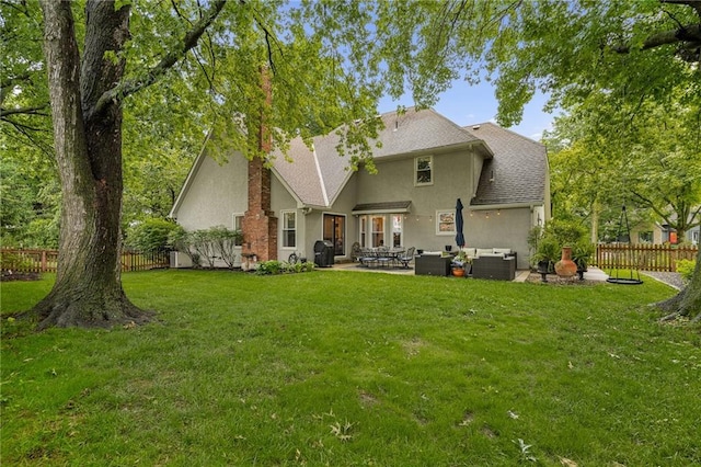 2204 W 123rd Ter, Leawood, KS 66209 - back of house featuring an outdoor living space, stucco siding, a patio area, roof with shingles, and central air condition unit