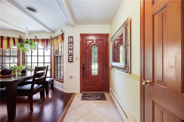 3814 S Outer Belt Rd, Oak Grove, MO 64075 - entryway with baseboard heating, plenty of natural light, beamed ceiling, and light wood-type flooring