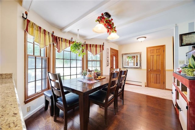 3814 S Outer Belt Rd, Oak Grove, MO 64075 - dining area with a baseboard heating unit, beamed ceiling, plenty of natural light, and dark wood finished floors