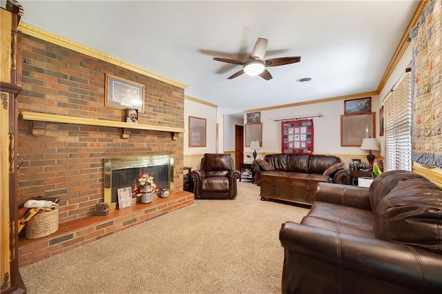 3814 S Outer Belt Rd, Oak Grove, MO 64075 - living room featuring a fireplace, carpet floors, a ceiling fan, and ornamental molding