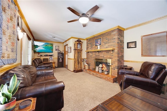 3814 S Outer Belt Rd, Oak Grove, MO 64075 - carpeted living room featuring ornamental molding, ceiling fan, and a fireplace