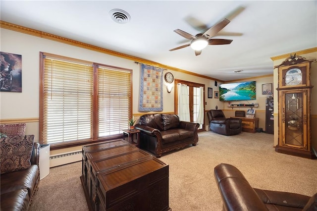 3814 S Outer Belt Rd, Oak Grove, MO 64075 - carpeted living area featuring ornamental molding, ceiling fan, french doors, and a baseboard heating unit
