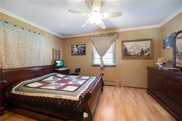 3814 S Outer Belt Rd, Oak Grove, MO 64075 - bedroom featuring a baseboard radiator, light wood-type flooring, ornamental molding, and a ceiling fan