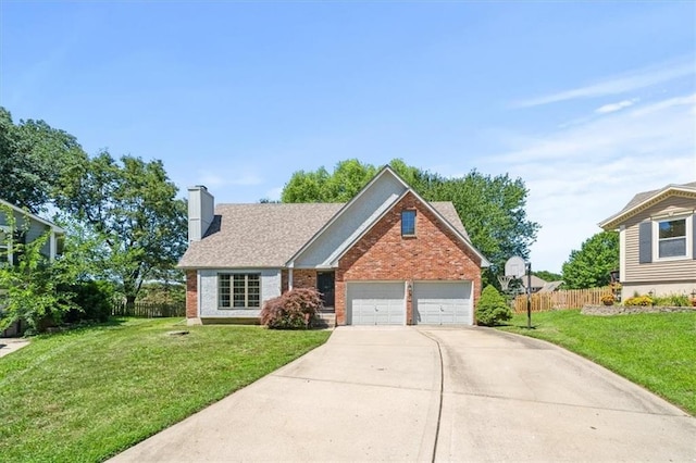 701 NE Hunters Cir, Blue Springs, MO 64014 - view of front of home with a chimney, concrete driveway, brick siding, and a garage