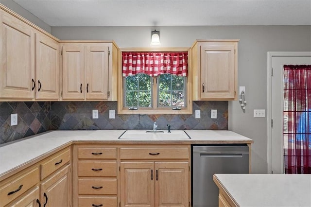 701 NE Hunters Cir, Blue Springs, MO 64014 - kitchen featuring dishwasher, light brown cabinets, light countertops, and decorative backsplash