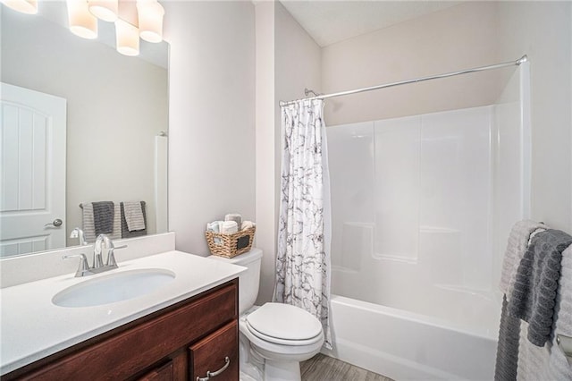 24842 W 144th St, Olathe, KS 66061 - full bathroom with toilet, vanity, shower / bath combo with shower curtain, and wood finished floors