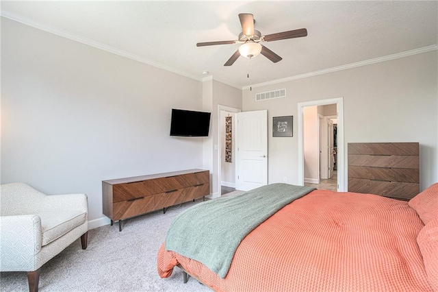 24842 W 144th St, Olathe, KS 66061 - bedroom with baseboards, light colored carpet, crown molding, and a ceiling fan