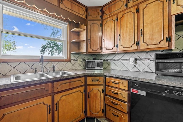 31882 W 180th St, Lawson, MO 64062 - kitchen featuring dishwasher, a sink, tasteful backsplash, and brown cabinetry