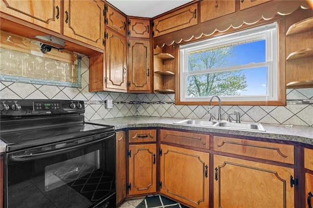 31882 W 180th St, Lawson, MO 64062 - kitchen with electric range, a sink, open shelves, brown cabinetry, and decorative backsplash
