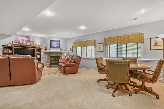 6522 W 133rd Ter, Leawood, KS 66209 - carpeted dining space featuring a fireplace, healthy amount of natural light, and recessed lighting