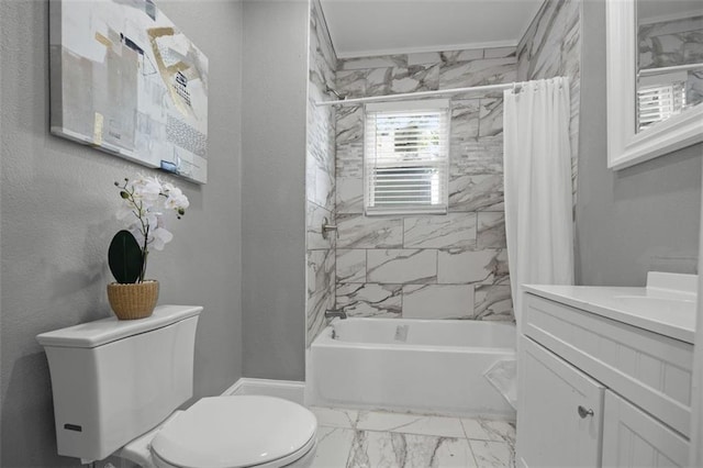 3332 Flora Ave, Kansas City, MO 64109 - bathroom with toilet, marble finish floors, vanity, and shower / tub combo with curtain
