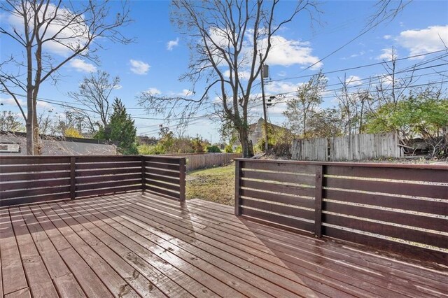 3332 Flora Ave, Kansas City, MO 64109 - wooden terrace with a fenced backyard