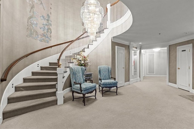 9100 Lamar Ave Unit 107, Overland Park, KS 66207 - stairway with carpet floors, ornamental molding, and a chandelier