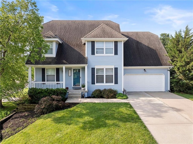 5901 W 158th St, Overland Park, KS 66223 - view of front of property featuring an attached garage, a porch, concrete driveway, a front yard, and a shingled roof