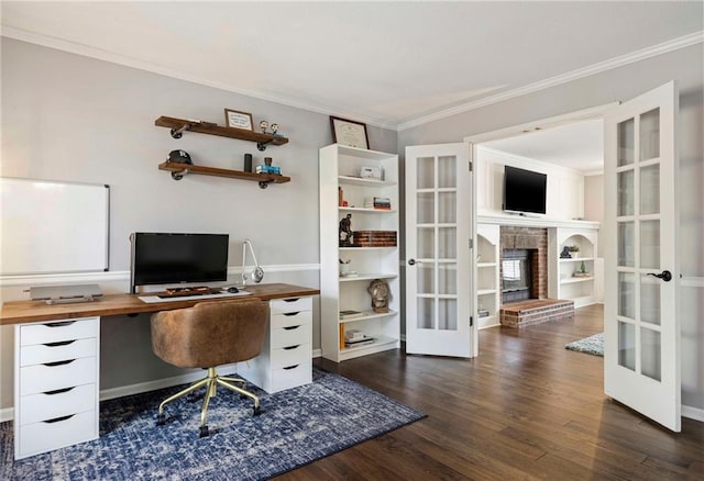 5901 W 158th St, Overland Park, KS 66223 - home office featuring french doors, crown molding, dark wood-style floors, a fireplace, and baseboards