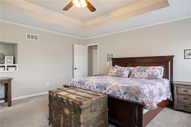 5901 W 158th St, Overland Park, KS 66223 - carpeted bedroom with a raised ceiling, baseboards, ornamental molding, and ceiling fan
