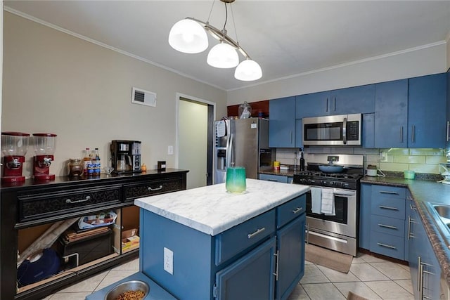 822 S Noland Rd, Independence, MO 64050 - kitchen with blue cabinets, appliances with stainless steel finishes, light tile patterned floors, crown molding, and backsplash