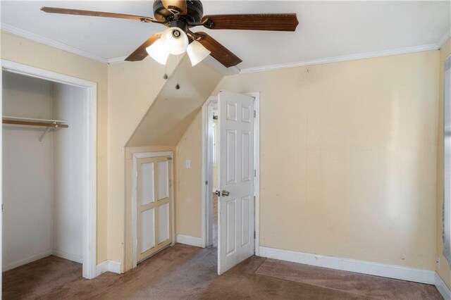 605 N Ardinger St, Hamilton, MO 64644 - unfurnished bedroom with carpet floors, a closet, crown molding, ceiling fan, and baseboards
