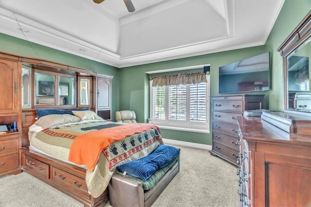 8506 W 155th Pl, Overland Park, KS 66223 - bedroom with light colored carpet, a tray ceiling, ornamental molding, baseboards, and a ceiling fan