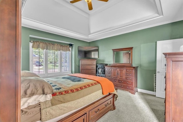 8506 W 155th Pl, Overland Park, KS 66223 - bedroom with a tray ceiling, light colored carpet, baseboards, a ceiling fan, and crown molding
