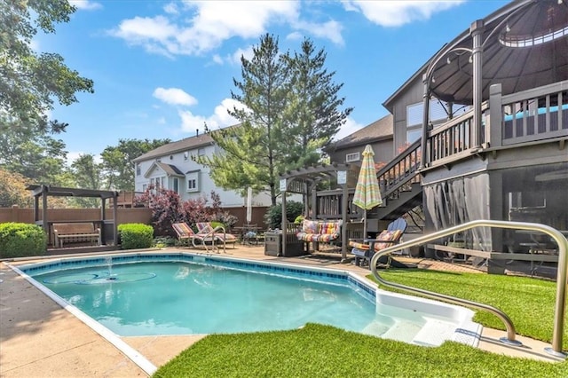 8506 W 155th Pl, Overland Park, KS 66223 - view of swimming pool with a pergola, a patio area, a yard, and stairs