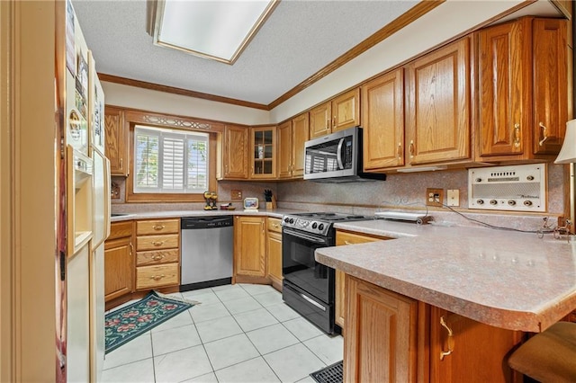 5201 Noland Rd, Kansas City, MO 64133 - kitchen featuring appliances with stainless steel finishes, a peninsula, brown cabinets, light tile patterned floors, and crown molding