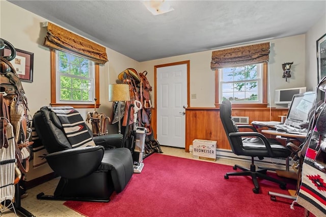 5201 Noland Rd, Kansas City, MO 64133 - home office featuring healthy amount of natural light, wainscoting, and carpet flooring