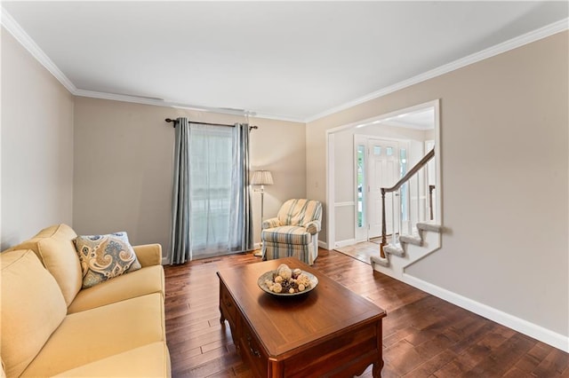 16362 W Briarwood Ct, Olathe, KS 66062 - living room with ornamental molding, wood finished floors, plenty of natural light, and stairway