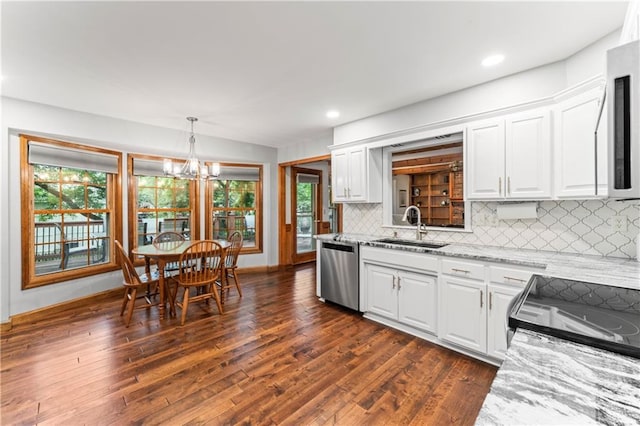 16362 W Briarwood Ct, Olathe, KS 66062 - kitchen featuring dishwasher, white cabinets, dark wood-type flooring, decorative backsplash, and recessed lighting