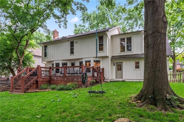 16362 W Briarwood Ct, Olathe, KS 66062 - back of house featuring a chimney, a wooden deck, stairs, and board and batten siding