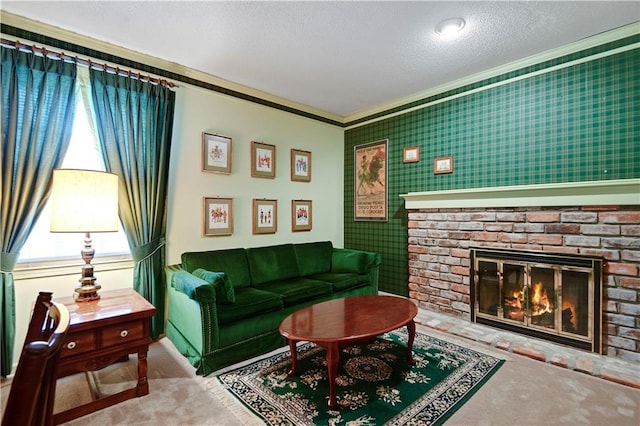 11814 W 149th St, Olathe, KS 66062 - living room with a fireplace, a textured ceiling, crown molding, and carpet floors