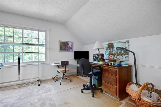 11814 W 149th St, Olathe, KS 66062 - home office with vaulted ceiling, a textured ceiling, and carpet