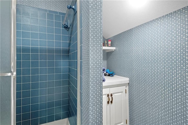 11814 W 149th St, Olathe, KS 66062 - full bathroom featuring a stall shower, wallpapered walls, and vanity