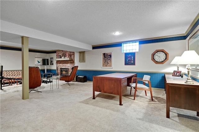 11814 W 149th St, Olathe, KS 66062 - game room with carpet floors, a textured ceiling, a fireplace, and a wainscoted wall