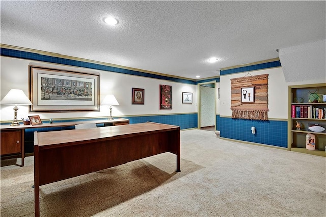 11814 W 149th St, Olathe, KS 66062 - home office with light carpet, a textured ceiling, wainscoting, recessed lighting, and crown molding
