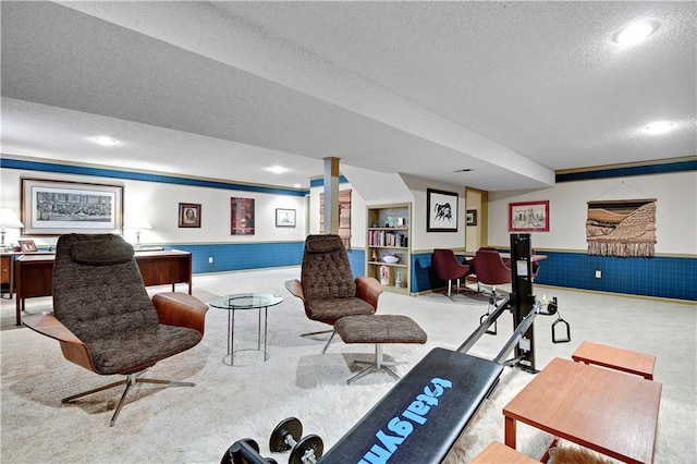 11814 W 149th St, Olathe, KS 66062 - workout room with carpet floors, a textured ceiling, wainscoting, and recessed lighting
